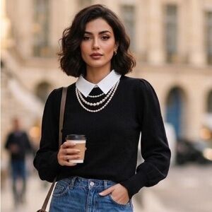 NWT Kate Spade New York Pearl Necklace Collared Black Wool Sweater Small ♠️